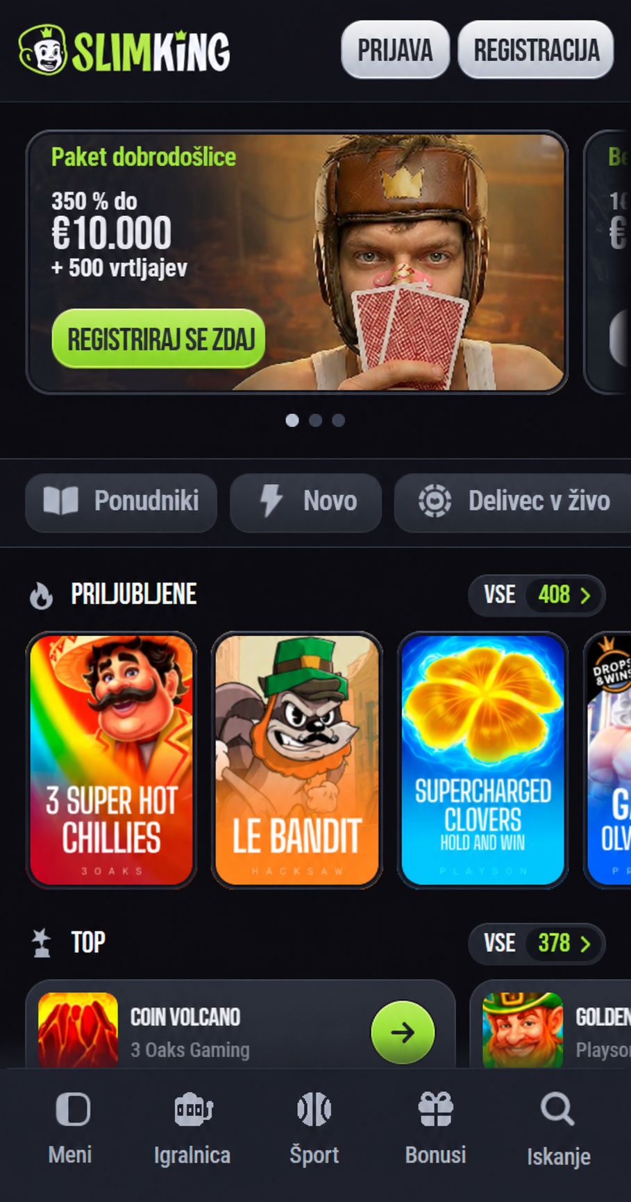 SlimKing casino mobile app home screen with featured slots and welcome bonus banner