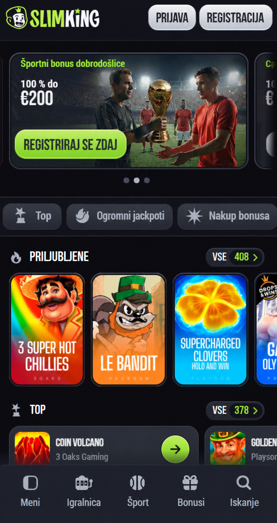 SlimKing casino app game library with search bar and provider filters