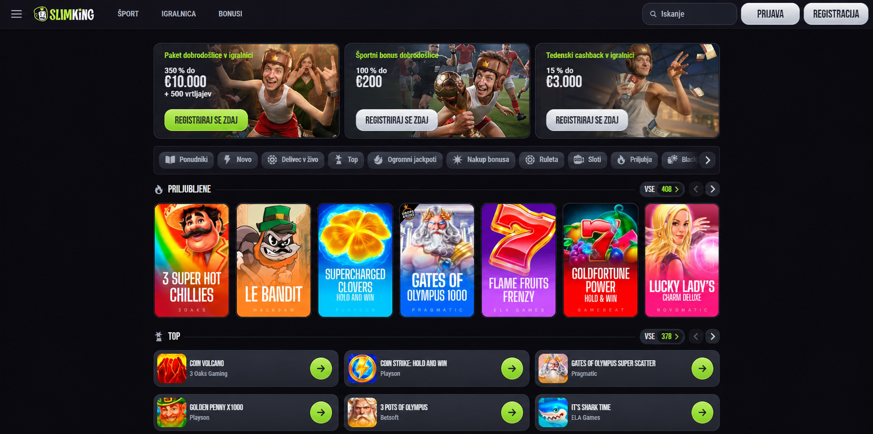 SlimKing casino live games section displaying roulette and blackjack tables